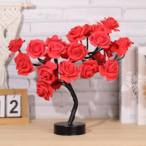 Drawelry Rose Flower Tree Lamp - LED Rose Tree Table Lamp USB/Battery Powered Artificial Bonsai Flower Night Light for Bedroom Living Room Party Wedding Valentines Mothers Day Decor (Red) - color: Red