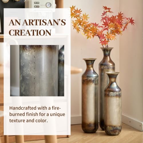 Metal Floor Vases Decorative, Set of 3 Flower Arrangement Stand, White Glazed Metal Decorative Vase Tall Distressed Metallic Centerpiece Vases, 33.5", 28.7", 24" H (Gold＆White) - color: Gold＆white