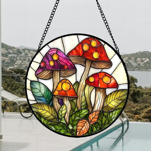 DASTOLL Stained Glass Window Hanging, Mushroom Leaves Suncatcher for Doors Home Sun Catchers Decoration and Christmas, Mother's Day Birthday Gifts for Women, Men, and Mom 14.9x14.9 in - color: Red and White, size: 14.9x14.9 IN