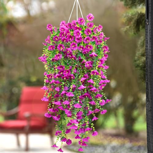 4 Pack Artificial Faux Hanging Flowers Plant for Outdoor, Fake Silk Morning Glory with Eucalyptus UV Resistant Realistic Trailing Vine for Wall Home Porch Patio Balcony Yard Indoor Decor, Rose Red - color: Rose Red