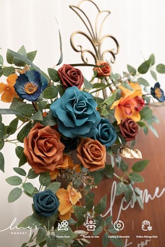 Ling's moment 2pcs Wedding Flowers Garland Artificial Floral Swag Arch Decorations Greenery Arrangements Orange & Teal Ceremony Reception Garden Easel Wall Entryway Outdoor Board(NOT Include Sign) - color: Teal & Orange
