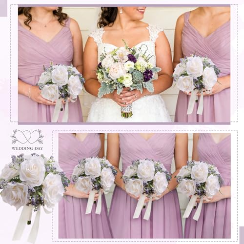8.5 Inch Ivory Bridesmaid Bouquets for Wedding, Set of 4, Small Rose Bouquet, Rustic Artificial Silk Flowers, Floral Centerpiece Decorations - color: 4pcs White&purple Bouquets