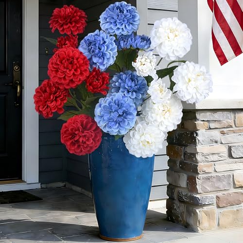INXUGAO Artificial Flowers for Vase,6 Bunches Fake 27.5“ Long Stems Silk Pompon Dahlia for Indoor Outdoors Home Decor, Front Door Porches Yard Patio Garden Planters - [2 Red + 2 Blue + 2 White] - color: Redbluewhite