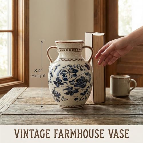 EFISPSS Ceramic Vintage Vase,Spring Decor Unique Chinese Crackle Floral Handle for Dining Room Mantle Living Room,Blue - color: Blue