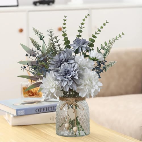 Leftover Fake Flowers with Vase,Silk Dahlia Flowers,Artificial Flowers in Vase,Centerpiece Table Decorations,Flower Centerpieces for Tables,Kitchen Table Decor,Coffee Table Decor - color: Grey Blue