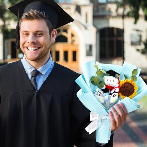 Graduation Crochet Flower Bouquet Set Includes Stuffed Bear Knitted Sunflower Daisy Eucalyptus Greeting Card Gift Bag 2026 Blue Flower Bouquet Graduation Gift - color: Blue, style: Stuffed Bear and Sunflowers