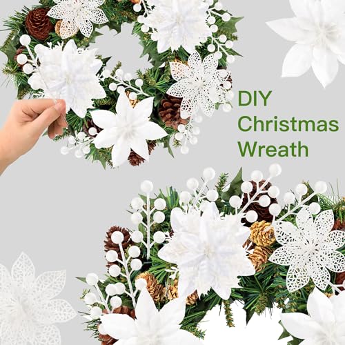 Sggvecsy 30 Pcs 3 Styles Christmas Glitter Poinsettia Flowers Artificial Berry Picks Christmas Tree Ornaments Artificial Christmas Flowers with Clips for Xmas Wedding Wreath Floral Decorations(White) - color: White