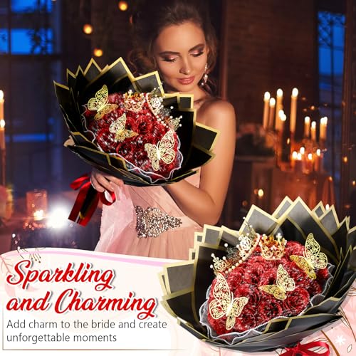 Thiccywoov 36 Pcs Glitter Roses Bouquet Graduation Artificial Rose DIY Flower Bouquet Kit Flower Wrapping Paper 3D Butterflies Crowns for Mom Mother Teacher Birthday (Red) - color: Red