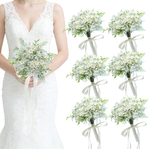 Artificial Bridesmaid Bouquets Set of 6 - Ivory White 9 Inch Flower Bouquet for Wedding Party Ceremony Anniversary Dinning Table Centerpieces Decor Faux (Chamomile & Babys Breath & Ribbon) - color: Chamomile