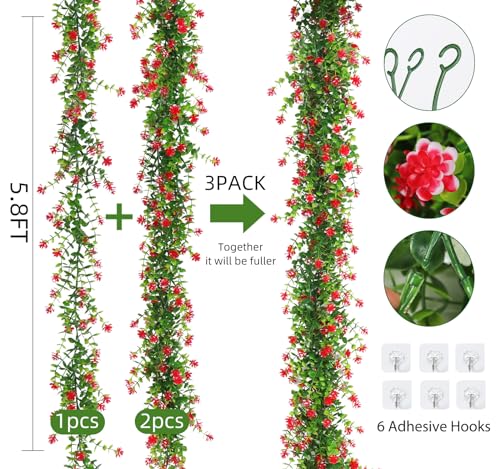 RECUTMS 3 Pack Artificial Spring Eucalyptus Garland Faux Hanging Eucalyptus Plants with Flowers Spring Fake Greenery Vines Garland for Spring Thanksgiving Home Wedding Mantle Wall Decor(Red) - color: Red