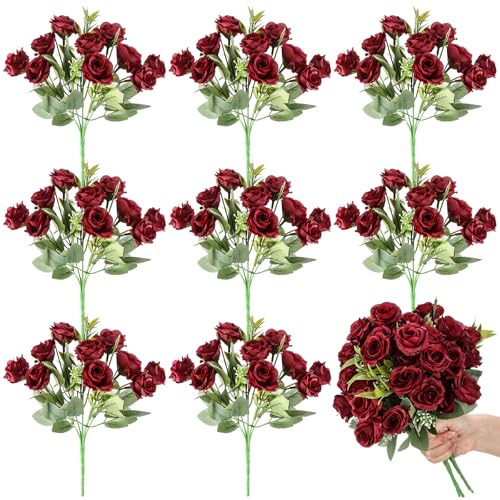 Zeyune 8 Pack Artificial Mini Burgundy Roses, 12 Inch Fake Flowers with Stems, 80 Small 1.6 Inch Flower Heads, Silk Mini Rose Bouquets for Wedding Centerpieces, Bridal Bouquets, Home Party Decor - color: Burgundy