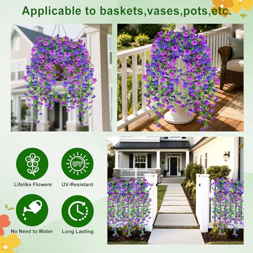 Artificial Hanging Flowers for Outdoors Decorations 2 Pack, Fake Hanging Flowers, UV Resistant Artificial Hanging Plants Outdoors for Home Porch Patio Balcony Baskets Yard(Double Purple) - color: Double Purple
