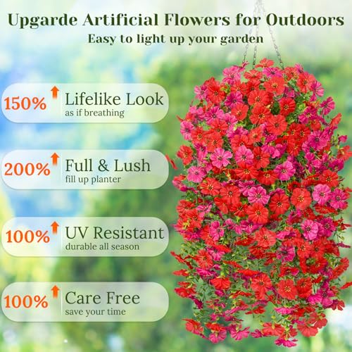 Dolicer 8 Pcs Look Real Artificial Flowers for Outdoors, Realistic Fake Artificial Hanging Flowers for Outdoors UV Resistant Silk Faux Hanging Plants Flowers for Porch Patio Garden (Red+Fuchsia) - color: Red+fuchsia, size: 8 Pcs