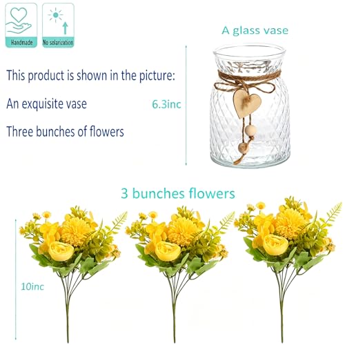 Kimura's Cabin Faux Flowers with Vase,Artificial Silk Peony in Vases Fake Flower Hydrangeas Arrangement for Dining Table Home Office Farmhouse Bathroom Centerpiece Wedding Decorations（Yellow） - color: Yellow