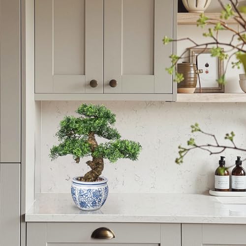 Fake Bonsai Tree Bonsai Plant 17” Tall Artificial Bonsai Trees with Blue and White Porcelain Decorated with Pebbles Desk Plant Indoor Bonsai for Home Office Decor - style: Porcelain