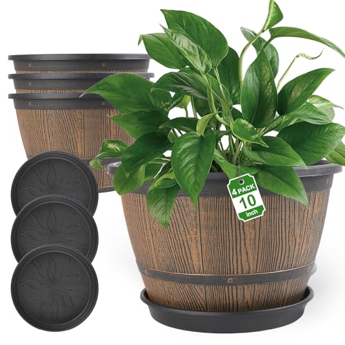 10-inch-Plant-Pots-Indoor-Outdoor, 4 Pack Whiskey Barrel Planters with Drainage Holes & Saucer, Plastic Flower Pots Imitation Wine Barrel Design, Decorative Garden Pots for Plants - color: Whiskey, size: 10-inch