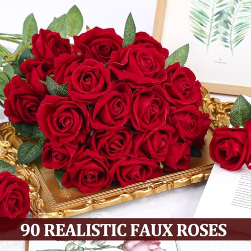 90 Pcs Red Velvet Rose Artificial Flowers, 51cm Silk Wedding Fake Silk Roses Florals for Centerpieces DIY Bouquet Party Arrangement Bridal Home Decor - color: Red
