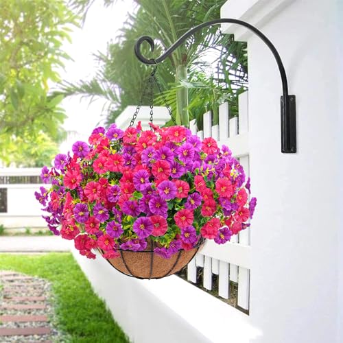 Elyum 2 Pack Artificial Hanging Flowers for Outdoors, Fake Flowers Artificial Petunias Hanging Baskets for Outdoors, UV Resistant Fake Hanging Plants Flowers for Outside Garden Patio Porch Decor - color: Purple&rose Red, size: 2 Pack