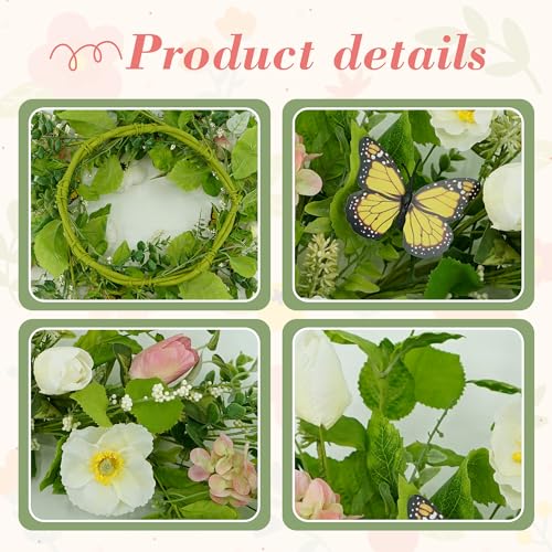 YNYLCHMX 20" Spring Summer Wreaths for Front Door, Artificial Floral Wreath with White Flower Eucalyptus Leaves Butterfly, Green Foliage Wreath for Wall Window Farmhouse Party Holiday Home Decor - color: White Flower