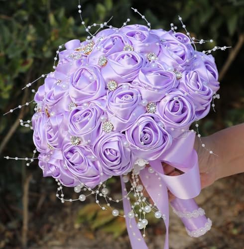 Ujicde Romantic Wedding Bouquet Bridal Bridesmaid Round Bling Brooch Bouquet Throw Toss Artificial Rose Flower Bunch with Sparkle Rhinestone Crystal Decoration(Light Purple,Dia. 6.3"*16cm) - color: Light Purple, size: Dia. 6.3"*16cm