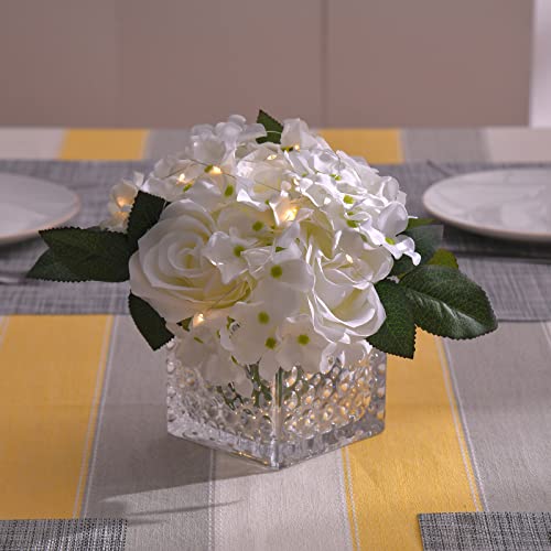 Fule Artificial Silk Rose Flower Centerpiece Arrangement in Glass Vase with LED Light for Home Wedding Decoration (Spring White) - color: Spring White