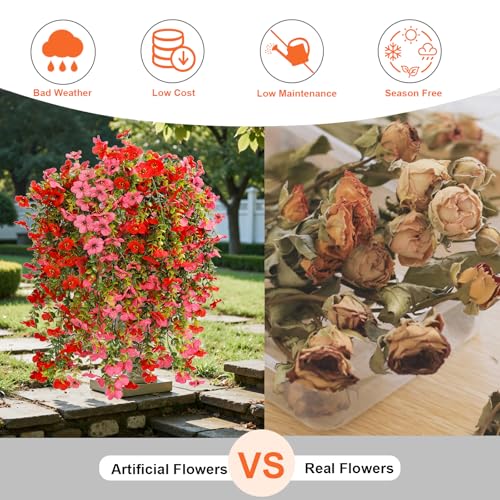 Artificial Hanging Flowers for Outdoor Decor, 6 Bundles UV Resistant Faux Silk Flowers, Fake Hanging Plants for Porch Patio Yard Planter Indoor Home Decoration(Red, Fuchsia) - color: Red＆fuchsia