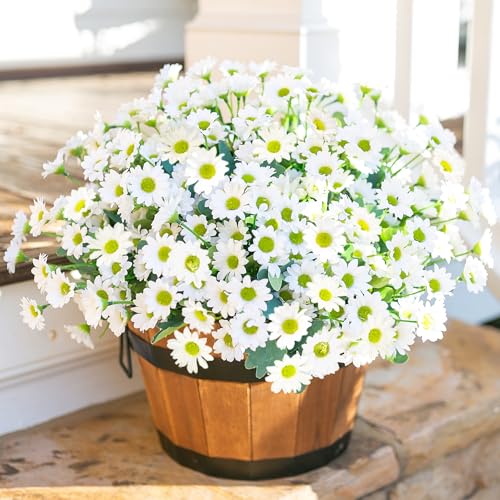 Daisy Artificial Flowers for Outdoors Decoration, 6 Bundles Fake Plants Flowers Bouquet Faux Flowers for Outdoor Planter Look Real UV Resistant Silk Flowers for Outside Front Door Porch Patio, White - color: White-6 Bundles