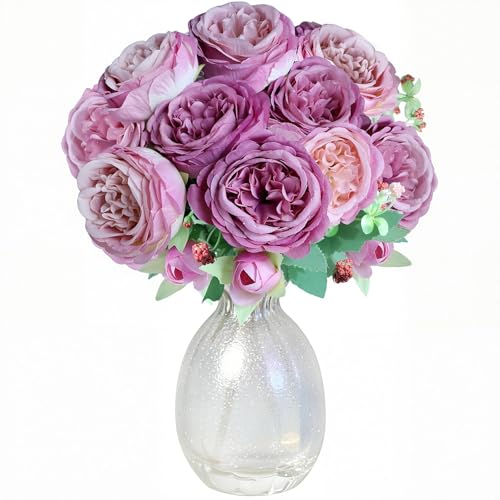 Purple Artificial Peony Bouquet - Silk Fake Peonies with Buds & Foliage, Realistic Faux Flower Arrangement for Wedding Bridal, Party Backdrop Decor, Wreath DIY, Home Table Centerpiece & Door Garland - color: Purple