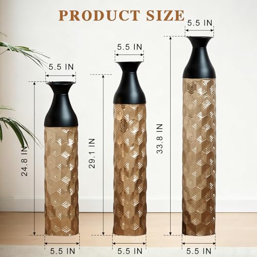 Tall Floor Vases Set of 3 for Decor Living Room Floor, Black and Gold Vases Home Decor, Embossed Body Pattern, 33.8" H/29.1" H/24.8" H Geometric Cylinder (Gold 6) - color: Gold 6