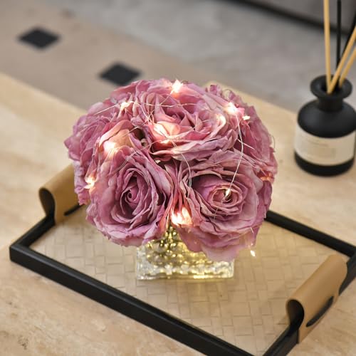 Artificial Rose in Glass Vase Vintage Silk Flower Arrangement with LED Light for Table Centerpiece Home Wedding Decoration (Purple) - color: Purple