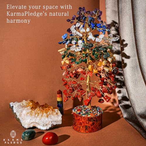 7 Chakra Healing Crystal Tree of Life for Manifestation, Handmade Crystal Tree for Good Luck, Positive Energy, Reiki, Home Office Room Wall Decor, Unique Birthday Gift for Women, Men, Mom & Dad - color: Wooden Base 7 Chakra Full Golden Wire Tree