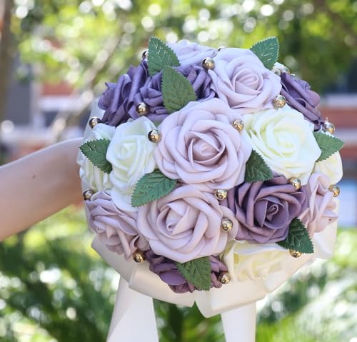 Handmade Wedding Bouquet Artificial PE Rose Bride Bridesmaid Bouquet with Soft Ribbons Wedding Hand Holding Artificial Fake Flowers Toss (B-Light Purple & Purple & Ivory, 6.7"/17cm) - color: B-light Purple & Purple & Ivory, size: 6.7"/17cm