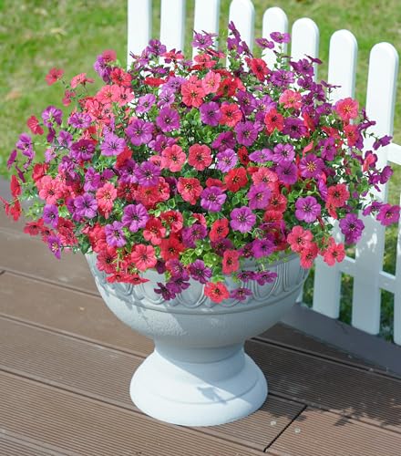 florisso Artificial Flowers for Outdoors Daisy 12 Bundles for Home Decoration, Faux Flower Fake Plants Outside Decoration with Eucalyptus UV Resistant for Planter Porch Patio Yard Garden - color: Purple Pink