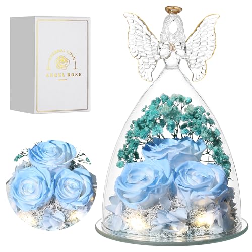 Mothers Day Rose Gifts for Women Preserved Real Flower in Glass Angel Figurines Roses for Delivery Prime Birthday Gifts for Mom Grandma Girlfriend Wife Her, Sky Blue White - color: Sky Blue White