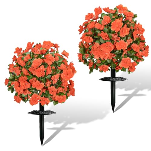 Artificial mums for Outdoors, Faux Outdoor Plants Fake Plants Topiary Balls Artificial Outdoor Set of 2 with Ground Spike for Home Front Porch Patio Garden Decor (Orange) - color: Orange