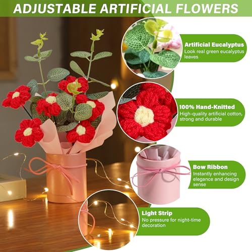 Vynora Crochet Flower Bouquet, Valentine's Day Crochet Bouquet of Flowers, Handmade Knitted Flowers with Card for Anniversary, Birthday, Wedding, Gift for Women (Red) - color: Red