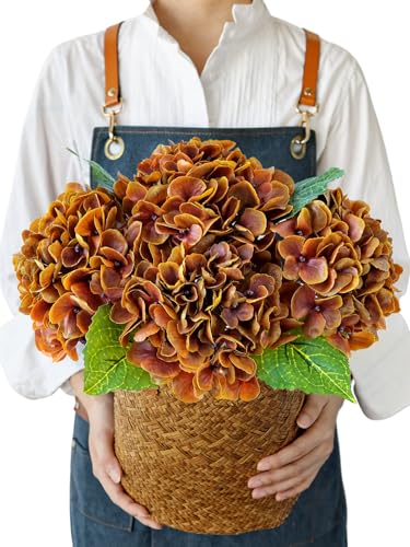 JINWOE Fall Hydrangea Artificial Flowers, 4Pcs 21” Latex Real Touch Flowers, Faux Silk Flowers Fake Artificial Hydrangeas with Stems for Bouquet Table Centerpieces Halloween （Raw Umber Brown） - color: Raw Umber Brown