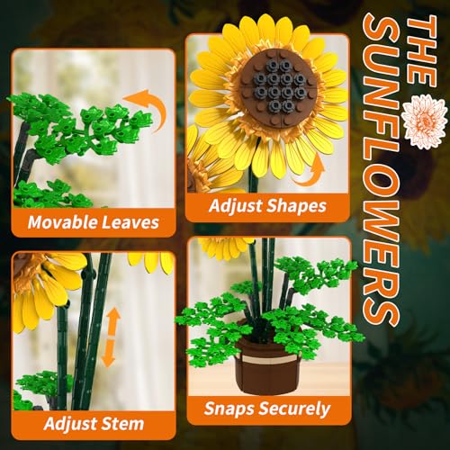 Sunflower Building Set Flowers with Vase, Botanical Collection Kit for Adults - 739PCS Sunflowers Bouquet, Birthday Day Sunflower Gifts for Adults Women