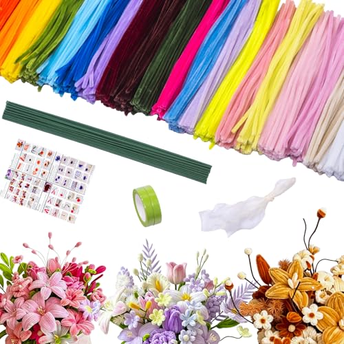 Pipe Cleaners Flower Kit, 600Pcs Chenille Stems, 20 Assorted Colors 30Pcs/Color Soft Bendable Fuzzy Craft Sticks, All-in-One DIY Craft Supplies for Adults, Holiday Decor and Flower Bouquet Making - color: 20 Colors