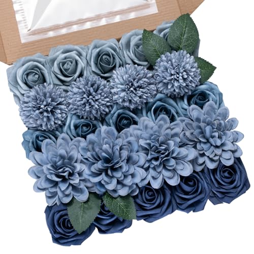BSMYBO Dusty Blue Flower Artificial Roses Faux Flowers with Stems Mix Fake Roses Dahlia Chrysanthemum Ball for Wedding Bridal Bouquets, Table Centerpieces, Baby Shower, Party, Home Decorations - color: Dusty Blue, size: PureBlooms