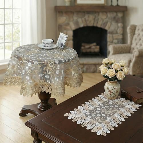 Lace Table Runner Floral Embroidery Fabric Rustic Table Runners Elegant Chic Table Transparent Cover for Home Dining Room Tabletop Decor Wedding Party Dresser (Champagne&White, 40 x 40 Inch(Round)) - color: Champagne&white, size: 40 x 40 Inch
