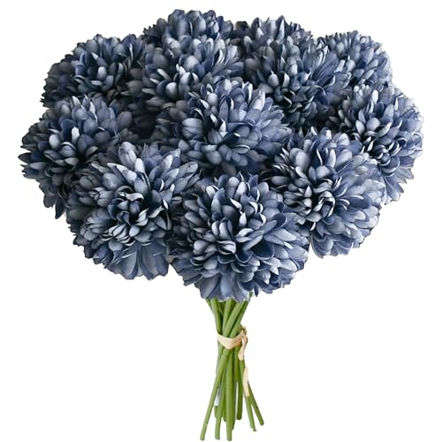 Mandy's 12pcs Artificial Dusty Blue Chrysanthemum | 11.8 inch Artificial Mums Flowers for Home Table Centerpiece Summer Decor Silk Flowers for Porch Patio and Wedding - color: Dusty Blue 1