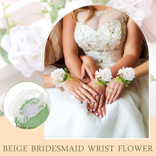 Sherr White Set of 12 Rose Wrist Corsages for Wedding Corsage Flower Wristlet Floral Wedding Wrist Bridal Rose Leaf Hand Flowers for Bride Bridesmaid Prom Engagement Festival - color: White