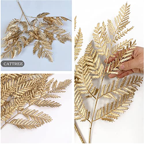CATTREE Gold Ferns Artificial Plants Large Tall 30" 2 Pack Christmas Decorations, Fake Golden Boston Leaves Plastic Fern Palm Bushes Faux Shrubs Simulated Leaf for Party Wedding DIY Décor - color: (Tall) Golden Fern Leaves - 2 Pcs