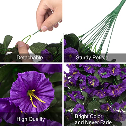 HyeFlora Artificial Fake Hanging Flowers Plants for Outdoor Outside Summer Decoration, 2PCS Faux Silk Morning Glory Purple UV Resistant Look Real Trailing Vines for Home Planter Porch Patio - color: Purple