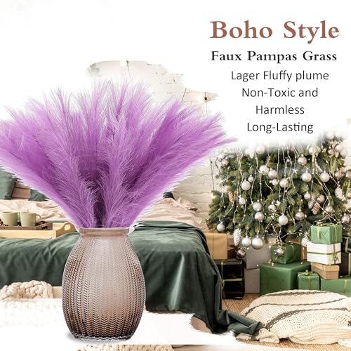 Lavender Purple Pampas Grass Small, 30 Pcs 17" Faux Pampas Grass Short Decor, Pompas Grass Flower Arrangement and Vase Filler for Boho Home Wedding Decoration - color: Lavender Purple, size: 17'' Tall