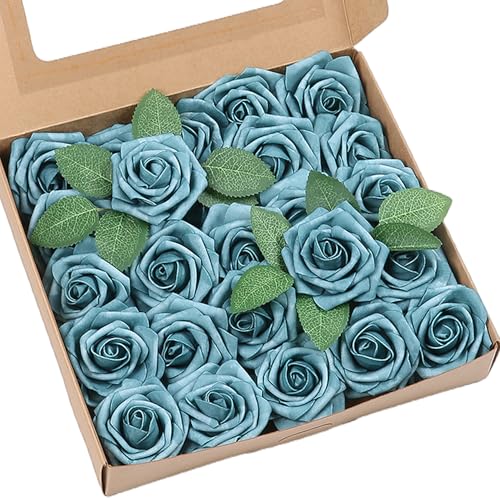 Artificial Flowers 25 Pack Dark Teal Faux Foam Roses with Stems, Real Looking Fake Rose for DIY Wedding Bouquets, Bridal Shower Centerpieces, Party Table Decorations, Home Decor - color: Dark Teal, size: 25Pcs