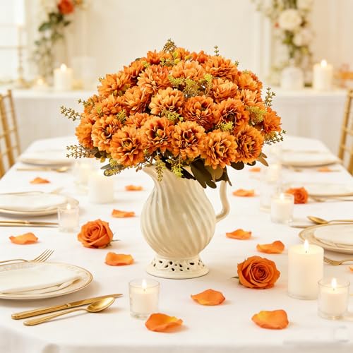 18 Heads Artificial Chrysanthemum Flowers Fake Mums Orange Ball Flowers Bouquet Silk Chrysanthemums Bouquet for Home Indoor Outdoor Table Centerpiece Vase Pots Wedding Decoration, 2 Pcs - color: Orange Chrysanthemum