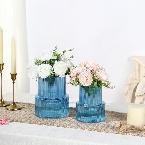 Ribbed Glass Vases for Bouquet, Set of 2 Blue Vases for Flowers, Blue Glass Vase for Tulips, Modern Vase for Living Room, Office, Coffe Table, Dining Table, Shelf, Wedding - color: Blue, size: Ribbed Mixed Sizes (2-Pack)