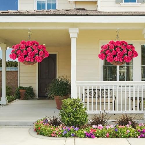 INSPRING Geraniums Artificial Flowers Hanging Basket for Outdoors Outside Spring Decoration, 8 Bundles Silk Flowers Fake Plants Look Real UV Resistant for Porch Home Patio Balcony Yard, Hotpink - color: Hotpink